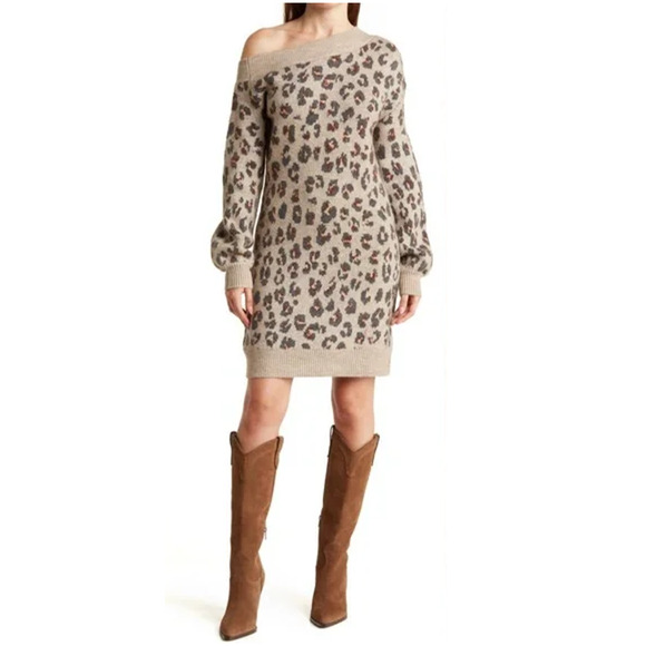 New ~ STEVE MADDEN ~ Animal Print Off-The-Shoulder Sweater Dress Size L - Picture 1 of 7